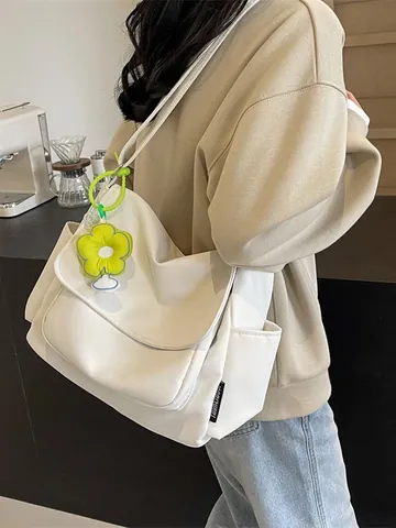 Messenger Bag Canvas Grote Capaciteit Verstelbare Riem Woon-werkverkeer Casual Tote Crossbody Tas Vrouwen Met Bloemenhanger Decor
