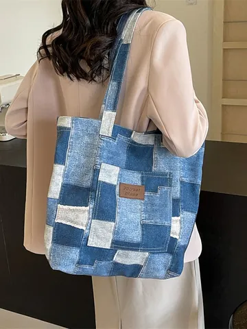 Damen Denim Patchwork Tote-Tasche Große Kapazität Lässige Schulterhandtasche Vintage Patchwork Leinwand Einkaufstasche Für Damen Täglich Reisen