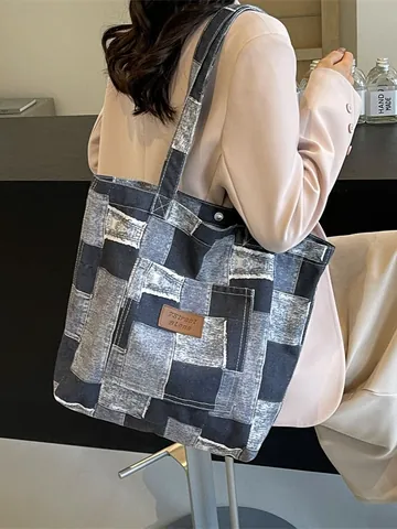 Damen Denim Patchwork Tote-Tasche Große Kapazität Lässige Schulterhandtasche Vintage Patchwork Leinwand Einkaufstasche Für Damen Täglich Reisen