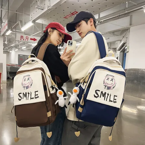 Mode Hohe Kapazität Schüler Schultag Rucksack Trendy Smile Graffiti Buchstabendruck Nylon Laptoptasche Für Herren Damen College Reiserucksack