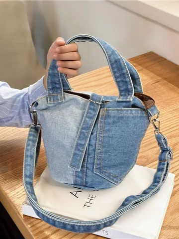 Vintage Spliced Denim Bucket Bag For Women Contrast Stitching Casual Daily Crossbody Handbag Small Color Block Tote Bag