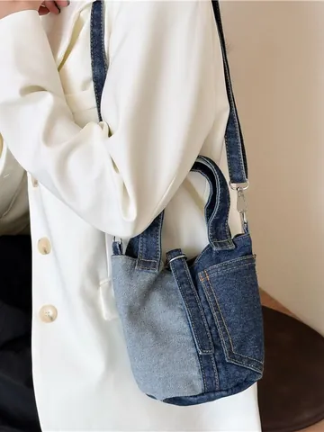 Vintage Spliced Denim Bucket Bag For Women Contrast Stitching Casual Daily Crossbody Handbag Small Color Block Tote Bag