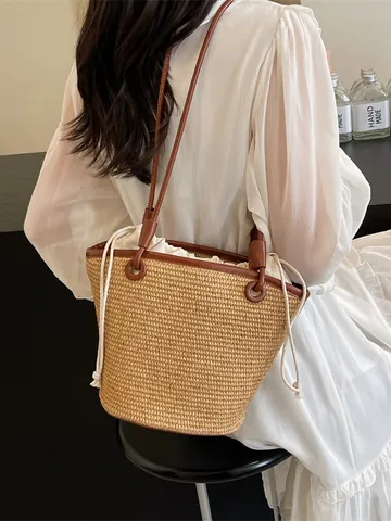 Koreanischer Stil Webstruktur Stroh Beuteltasche Vintage Nähte Lederbesatz Handtaschen Mit Kordelzug Innentasche Urlaub Strand Damen Umhängetasche
