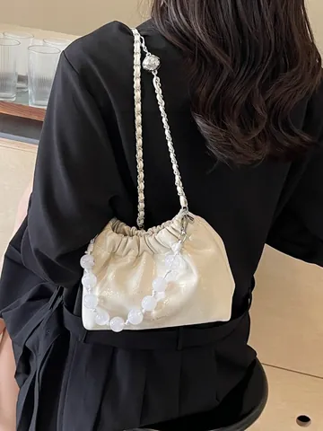 Sac Seau en Velours Froncé pour Femmes Avec Poignée Perlée Chaîne en Métal Nouveau Style Chinois Bandoulière Sac de Mode Polyvalent
