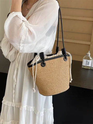 Koreanischer Stil Webstruktur Stroh Beuteltasche Vintage Nähte Lederbesatz Handtaschen Mit Kordelzug Innentasche Urlaub Strand Damen Umhängetasche
