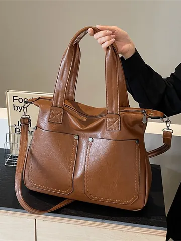 Große Kapazität PU Leder Tragetasche Für Damen Vintage Schultertasche Umhängetasche Handtasche Mit Metallnieten Und Abnehmbarem Gurt
