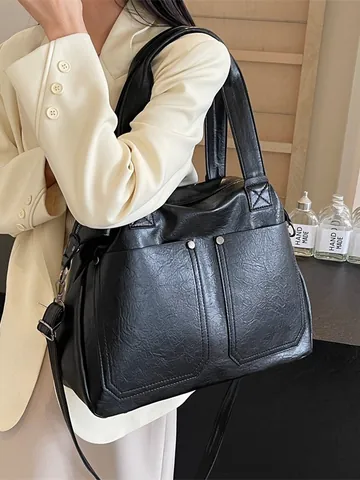Große Kapazität PU Leder Tragetasche Für Damen Vintage Schultertasche Umhängetasche Handtasche Mit Metallnieten Und Abnehmbarem Gurt