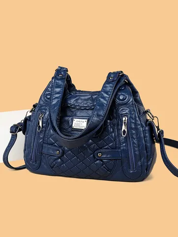 Sac à Épaule Femme Grande Capacité en Cuir PU Motif de Diamants Vintage Sac à Bandoulière Multi Poches Avec Sangle Réglable