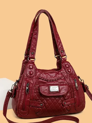 Sac à Épaule Femme Grande Capacité en Cuir PU Motif de Diamants Vintage Sac à Bandoulière Multi Poches Avec Sangle Réglable