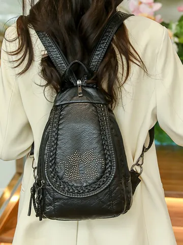 Women's Vintage PU Leather Backpack Multi-functional Chest Sling Bag With Floral Embroidery Studded Cat Pattern Black