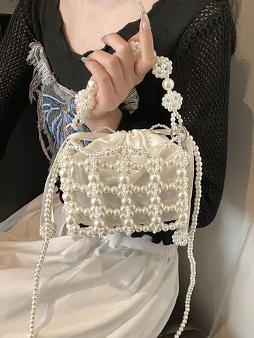 Elegante Handgefertigte Künstliche Perlen Gewebte Umhängetasche Für Damen Satinfutter Kordelzug Umhängetasche Für Party Hochzeit Abendtasche
