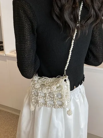 Elegante Handgefertigte Künstliche Perlen Gewebte Umhängetasche Für Damen Satinfutter Kordelzug Umhängetasche Für Party Hochzeit Abendtasche