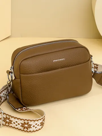 Bolso Bandolera de Mujer en Cuero PU con Patrón de Lichi Correa Tejida Geométrica Ancha Bolso Cuadrado para Uso Diario
