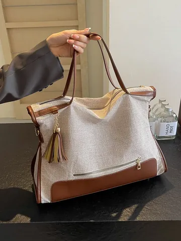 Women Large Capacity Canvas Patchwork Tote Bag Vintage Tassel Handbag Commuter Shoulder Crossbody Bag With Adjustable Strap