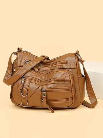 Bolso Bandolera de Cuero PU Retro para Mujer con Múltiples Bolsillos Gran Capacidad Bolso de Hombro Moda Color Sólido Uso Diario