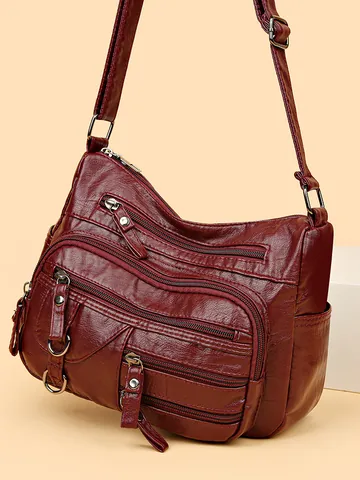 Bolso Bandolera de Cuero PU Retro para Mujer con Múltiples Bolsillos Gran Capacidad Bolso de Hombro Moda Color Sólido Uso Diario