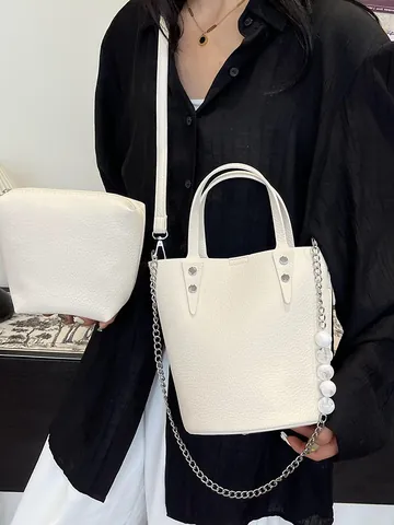 Fashion PU Leather Bucket Bag For Women Lychee Pattern Large Capacity Handbag With Inner Pouch Artificial Pearl Chain Strap Shoulder Bag