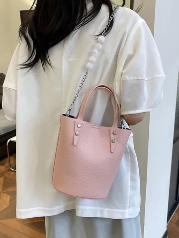 Fashion PU Leather Bucket Bag For Women Lychee Pattern Large Capacity Handbag With Inner Pouch Artificial Pearl Chain Strap Shoulder Bag