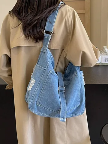 Borsa Tote Vintage in Denim di Grande Capacità per Donna Retro Stile Giapponese Borsa a Tracolla con Tasche Multiple