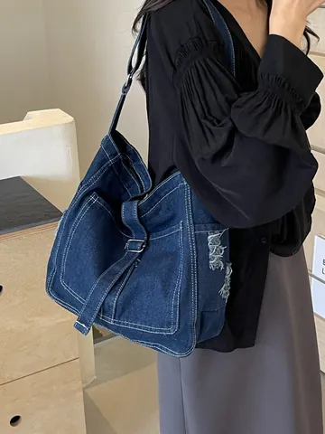 Borsa Tote Vintage in Denim di Grande Capacità per Donna Retro Stile Giapponese Borsa a Tracolla con Tasche Multiple