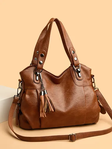 Bolso de Mano Vintage de Cuero de PU para Mujer Gran Capacidad Grano de Lichi Bolso de Hombro Con Borlas Remaches