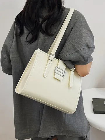 French Large Capacity Tote Bag Women Fashion Textured Shoulder Underarm Bag PU Leather Handbag With Silver Buckle Commuter Purse