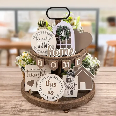 Farmhouse Wood Tiered Tray Decor For Home Table Metal Handle Rustic Signs Bless This Home Sweet Home Tabletop Decoration