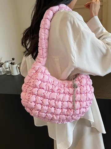 Sac à Bandoulière Matelassé Puffy pour Femmes Style Coréen Cloud Dumpling Bag Avec Décoration en Strass Sac à Main en Polyester Léger