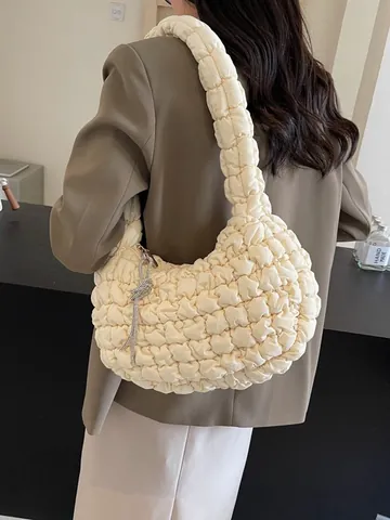 Sac à Bandoulière Matelassé Puffy pour Femmes Style Coréen Cloud Dumpling Bag Avec Décoration en Strass Sac à Main en Polyester Léger