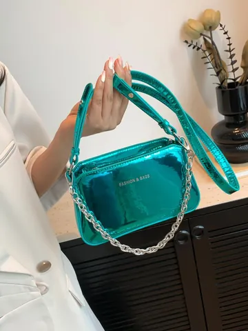 Women's Fashion Mirror PU Leather Crossbody Bag Silver Chain Shoulder Bag Leopard Woven Texture Commuter Small Square Bag