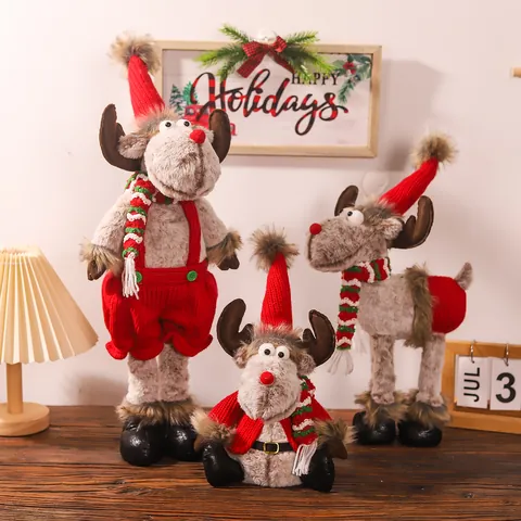 Decoración de Muñeco de Peluche de Reno de Navidad Con Piernas Telescópicas Bufanda de Punto Figura de Reno Para Fiesta de Navidad Hogar Adorno de Mesa Regalo