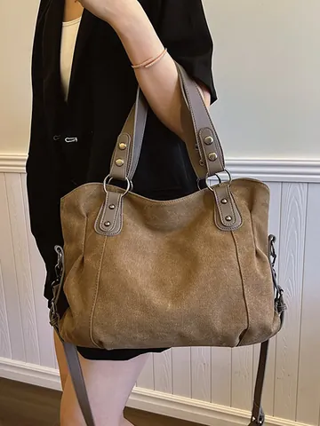 Borsa Tote in Tela Retro da Donna Grande Capacità Borsa a Tracolla Con Manico in Pelle PU Rivetti Handbag Casual
