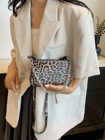 Women's Fashion Mirror PU Leather Crossbody Bag Silver Chain Shoulder Bag Leopard Woven Texture Commuter Small Square Bag