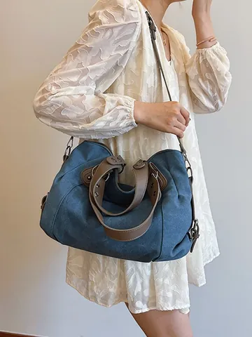 Borsa Tote in Tela Retro da Donna Grande Capacità Borsa a Tracolla Con Manico in Pelle PU Rivetti Handbag Casual