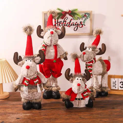 Decoración de Muñeco de Peluche de Reno de Navidad Con Piernas Telescópicas Bufanda de Punto Figura de Reno Para Fiesta de Navidad Hogar Adorno de Mesa Regalo