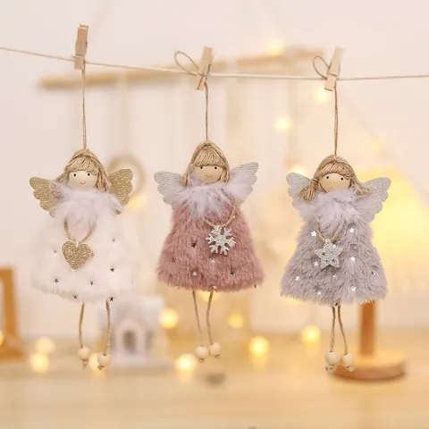 Christmas Angel Doll Hanging Ornament Plush Faux Fur Wood Bead Star Pendant For Xmas Tree Home Party Decoration Children Gift