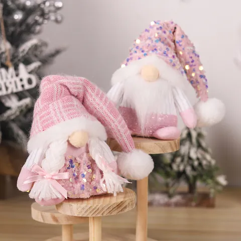 Rosa Weihnachtsgnom Plüsch Dekorationen Paillettenhut Gestrickt Skandinavische Tomte Desktop Ornamente Weihnachtsfeier Deko