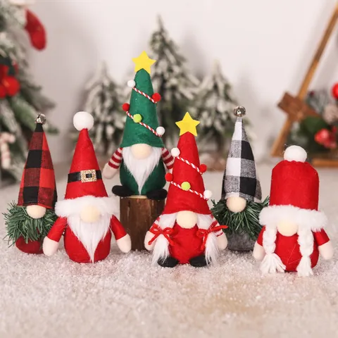 Christmas Gnome Plush Ornaments Standing Faceless Old Man Doll Desktop Decorations Buffalo Plaid Tree Hat Star Bell Felt Handmade Gnomes For Christmas Decor