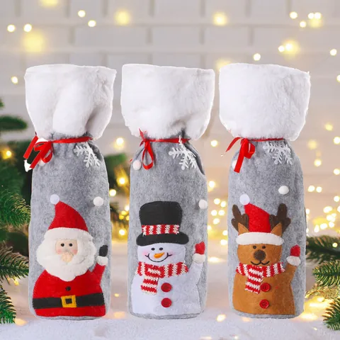 Weihnachten Weinflaschenhülle Kunstpelzbesatz Band Cartoon Weihnachtsmann Schneemann Rentier Muster Festliche Tischdekoration