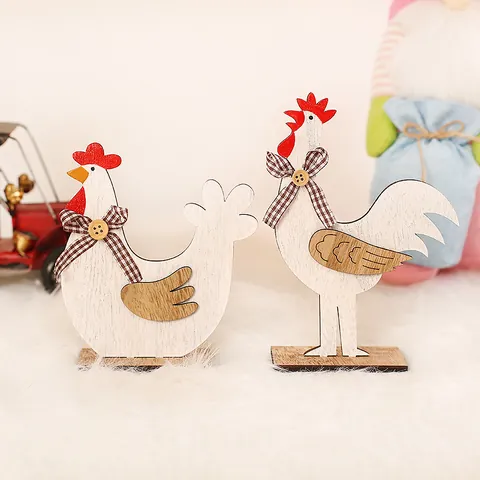 Décoration de Table en Bois de Pâques Coq Poule Peint Rustique Avec Nœud Gingham pour Maison Fête Bureau