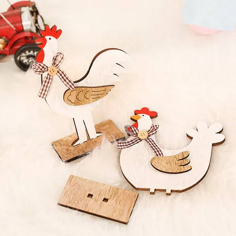 Décoration de Table en Bois de Pâques Coq Poule Peint Rustique Avec Nœud Gingham pour Maison Fête Bureau