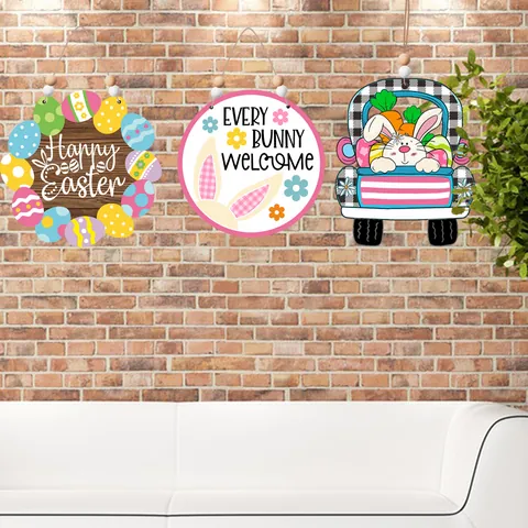 Pasen Houten Hanger Hangende Decoratie Met Houten Kraal Kwast Happy Easter Ei Paashaas Vrachtwagen Patroon Feest Decor