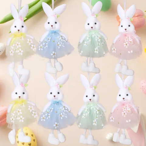 Easter Bunny Plush Pendant Rabbit Hanging Ornament With Floral Tulle Skirt For Easter Party Home Decoration Kids Gift