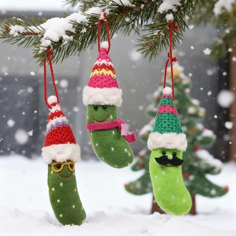Divertido Juego de Adornos de Pepinillo de Navidad Pepinillo Verde Con Gorro de Punto Gafas Bigote Bufanda Decoración Colgante