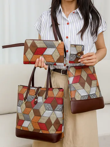 Women Fashion Handbag Geometric 3D Splicing PU Leather Tote Crossbody Clutch Wallet Commuter Shoulder Bag Large Capacity