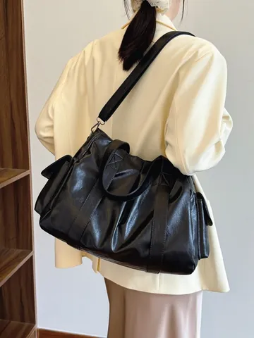 Bolso Tote de Cuero PU de Gran Capacidad para Mujer Vintage Conmutador Bolso de Hombro Plisado Con Correa Ajustable