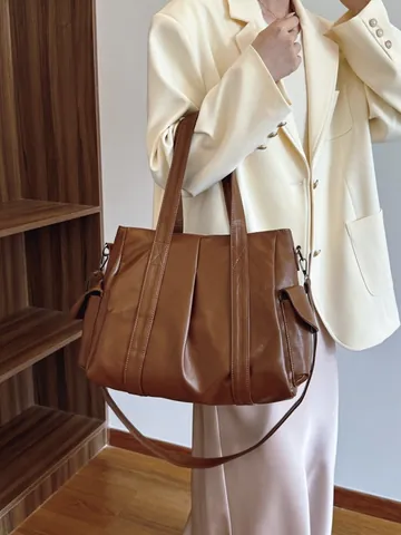 Bolso Tote de Cuero PU de Gran Capacidad para Mujer Vintage Conmutador Bolso de Hombro Plisado Con Correa Ajustable