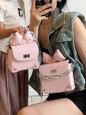 Dames Strik Mini Vierkante Crossbody Tas PU Leer Rimpeltextuur Metalen Ketting Schoudertas Hippe Mode Meisjes Tas