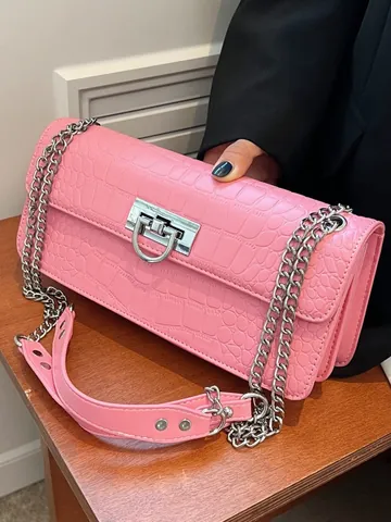 Mode Vrouwen Krokodilpatroon PU Lederen Schoudertas Met Zilveren Metalen Kettingriem Minimalistische Onderarm Crossbody Tas