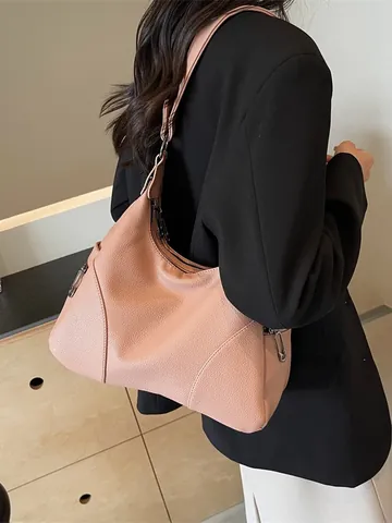 Women's PU Litchi Grain Hobo Bag Large Capacity Casual Commute Underarm Shoulder Bag With Side Zippers Stylish Dumpling Bag